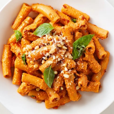 Fresh basil garnish and grated Parmesan top a vibrant bowl of Sun-Dried Tomato Pesto Pasta, ready to serve for a quick vegetarian dinner.  