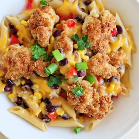 A serving spoon lifts cheesy, saucy Crispy Chicken Burrito Pasta from the skillet, revealing red bell pepper and tender pasta in a Tex-Mex dinner.