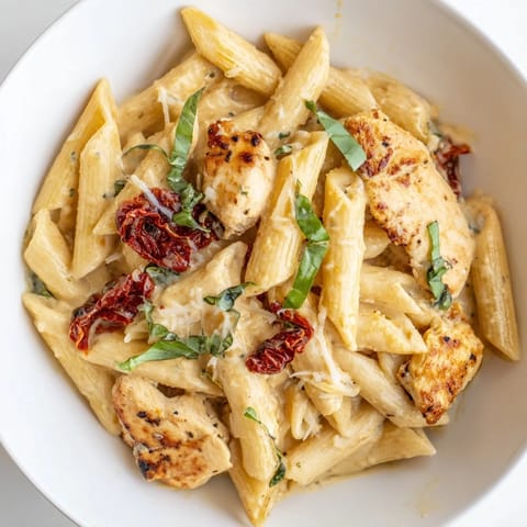 A close-up of Creamy Sun-Dried Tomato Chicken Pasta showing golden chicken, al dente penne, and a glossy, herb-flecked sauce, garnished with fresh basil.  
