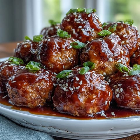 Tender Easy Sweet and Sour Crock Pot Meatballs simmered in a rich, fruity sauce, garnished with green onions and sesame seeds.