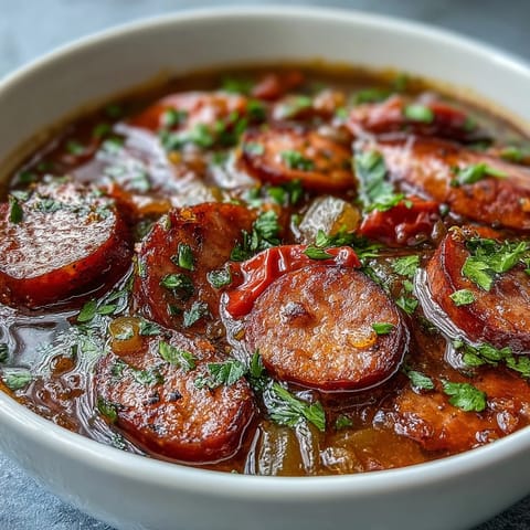 Hearty bowl of Crock Pot BBQ Cocktail Sausage Soup garnished with fresh parsley, served alongside crusty bread for dipping.