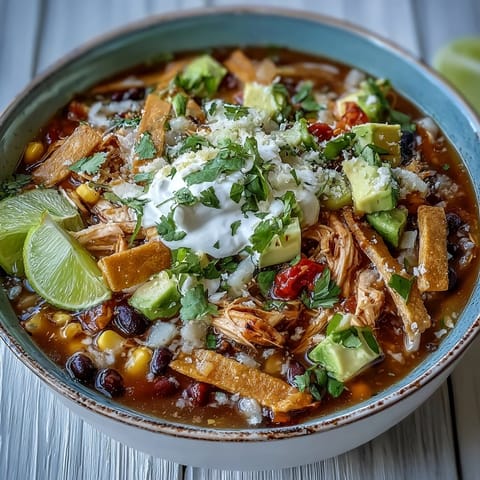 A spoon dipping into a hearty bowl of Instant Pot Chicken Tortilla Soup with lime wedges on the side.