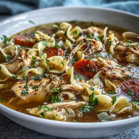 Homemade Instant Pot Chicken Noodle Soup in a white bowl, garnished with fresh parsley for a cozy weeknight meal.