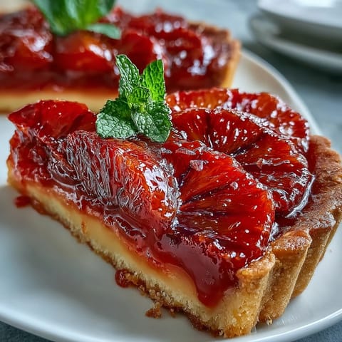 Six golden Blood Orange Tarts on a white plate, ready to serve with a drizzle of honey glaze for shine.