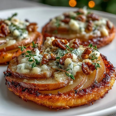 Pear, Gorgonzola, and Pickled Walnut Pizzettes cooling on a wire rack, showing golden crust and bubbly cheese.