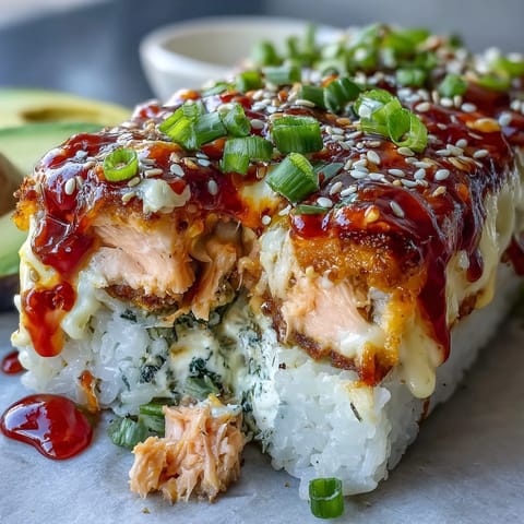 Golden Spicy Salmon Sushi Bake served from the casserole dish, ready to scoop into roasted seaweed snacks.