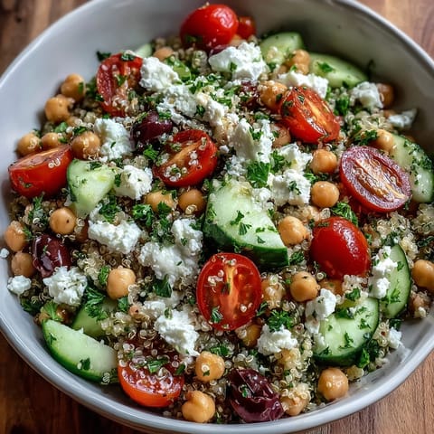 A close-up view of the High Protein Quinoa & Chickpea Salad featuring diced cucumbers, cherry tomatoes, and a bright lemony dressing.