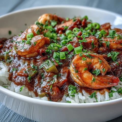 Steamy Classic New Orleans Étouffée in a rustic bowl, featuring a dark roux base with tender shrimp and the Holy Trinity.