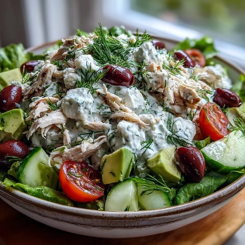 A vibrant bowl of Tzatziki Chicken Salad featuring tender shredded chicken, creamy homemade tzatziki sauce, crisp diced cucumbers, and fresh dill garnish.  