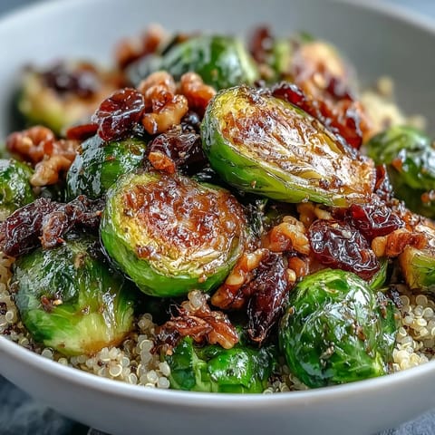 Golden roasted Brussels sprouts with red onions caramelized edges rest on fluffy quinoa, drizzled with tangy balsamic dressing in this wholesome bowl.