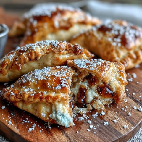 Golden-brown Guava and Cheese Empanadas with a flaky crust, ready to serve warm alongside a dollop of cream.