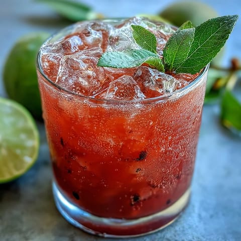 A tall glass of Guava Nectar Drink filled with ice, garnished with a fresh lime wedge and mint sprig.