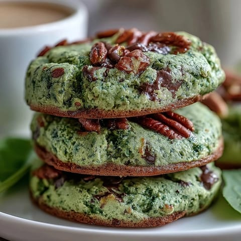 1. Vibrant green pistachio pudding cookies with chopped nuts and white chocolate chips, soft and chewy for St. Patrick's Day celebrations.