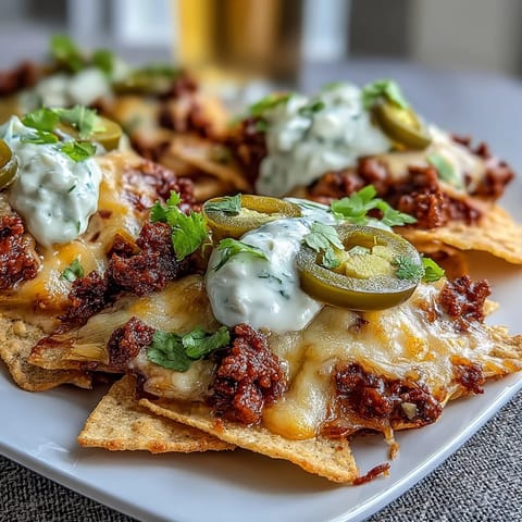 A hearty plate of Loaded Baseball Nachos with jalapeños and cheese sauce, topped with seasoned beef and fresh garnishes.