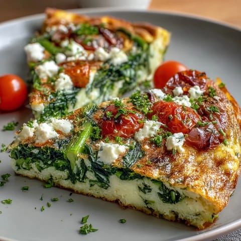 Healthy Easy Spring Veggie Frittata with asparagus, spinach, and feta, baked golden and fragrant, ready for a colorful brunch spread.