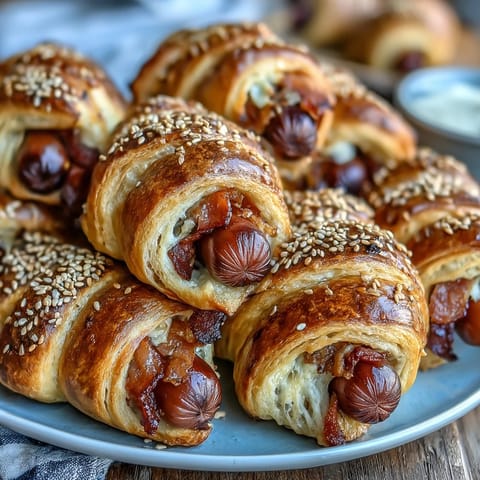 Mini baseball hot dogs in crescent roll dough, golden and flaky, perfect for game day snacking or party platters.