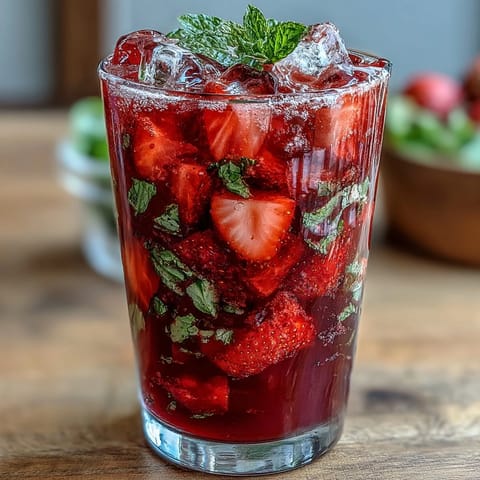 A vibrant glass of Homemade Starbucks Strawberry Açaí Refresher with fresh strawberry slices and ice.