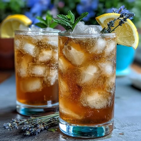 A glass of lavender lemonade spritz with ice, sparkling wine, and a lemon slice, garnished with fresh lavender sprigs for a floral summer cocktail.