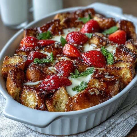 Spring Brunch Strawberry French Toast Bake with golden brioche and juicy strawberries baked in a creamy custard, topped with almonds and turbinado sugar.