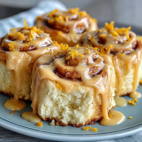 Soft orange rolls with creamy orange frosting, golden and fluffy, served on a white plate with a dollop of frosting melting into the swirls.