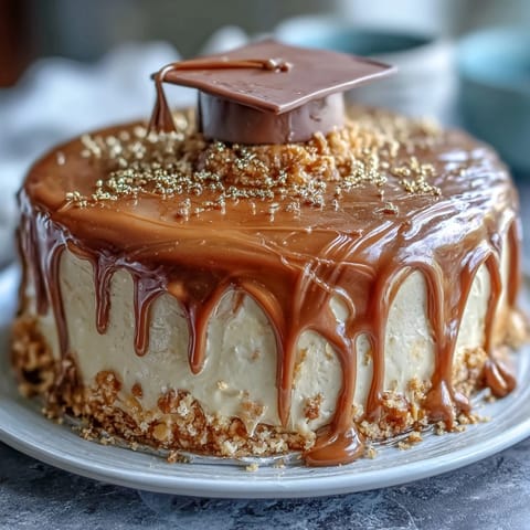 Gold drip graduation sheet cake with mortarboard topper, elegant and celebratory, ready to impress at any graduation party.