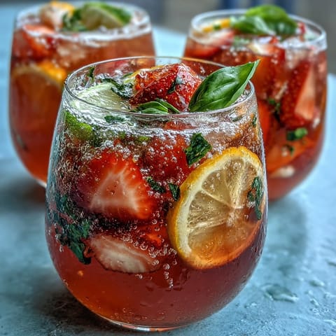 Strawberry Basil Sangria Mocktail with fresh fruit slices and fragrant basil in a clear pitcher, perfect for summer gatherings.