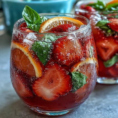 Vibrant Strawberry Basil Sangria Mocktail served over ice with citrus slices and basil garnish, a refreshing alcohol-free drink.