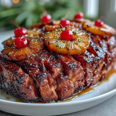 Honey glazed ham with pineapple rings and cherries, a sweet and savory centerpiece for festive meals.  