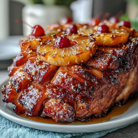 Festive honey glazed ham with caramelized pineapple and cherries, perfect for Easter or holiday dinners.  