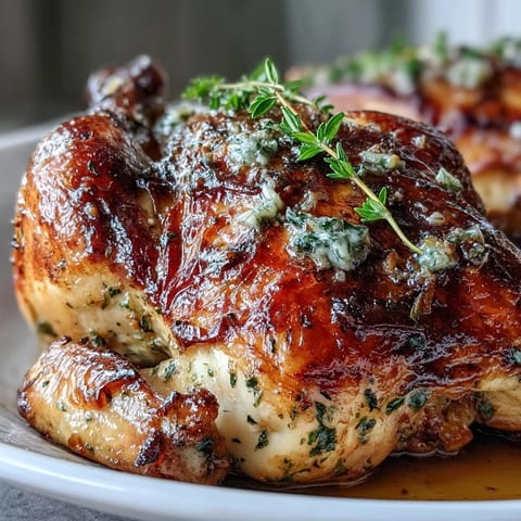 Succulent Herb Butter Roast Chicken, glistening with crispy skin and roasted vegetables.