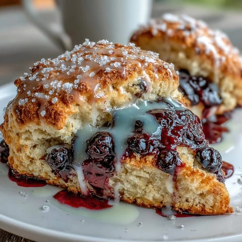 Golden Lemon Blueberry Scones, topped with a sweet, tangy lemon glaze, ready for brunch.
