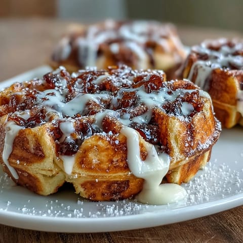 Fluffy, swirled Cinnamon Roll Waffles ready for a sweet brunch spread.