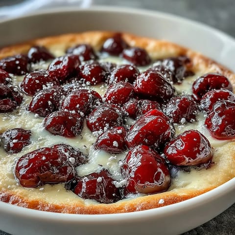 Juicy fresh cherries baked in golden vanilla bean clafoutis, a perfect French summer dessert.