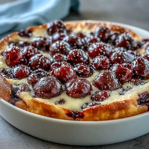 Rustic clafoutis overflowing with sweet cherries and warm vanilla custard, ready to bake.