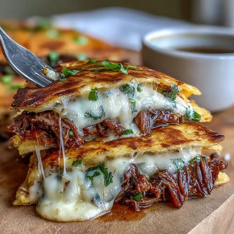 Cheesy, tender Cinco de Mayo Birria Quesadillas ready for dipping in warm broth.