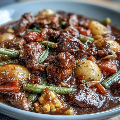 Hearty Kentucky Derby Burgoo Stew slow-simmered with tender meats and vegetables.