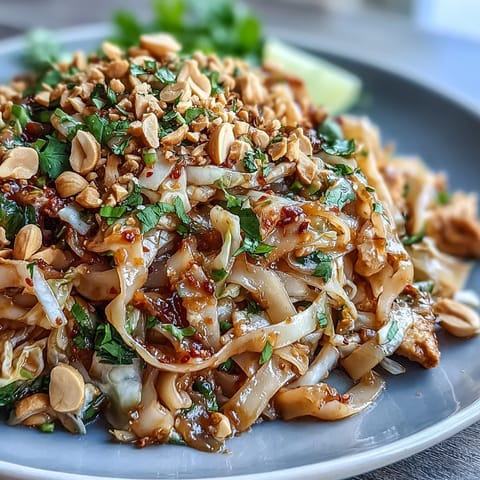 A colorful plate of Cabbage Pad Thai garnished with peanuts and fresh lime.
