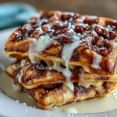 Golden Cinnamon Roll Waffles topped with rich vanilla cream cheese glaze.