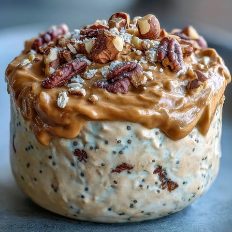 Creamy Protein Cookie Dough Overnight Oats ready to enjoy with chocolate chips.