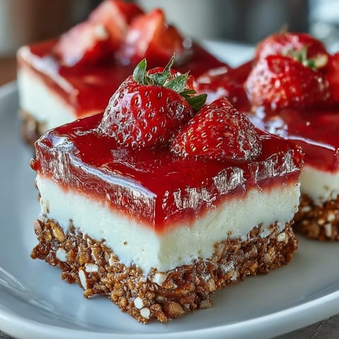 Layered strawberry pretzel salad dessert bars, a delightful no-bake treat.