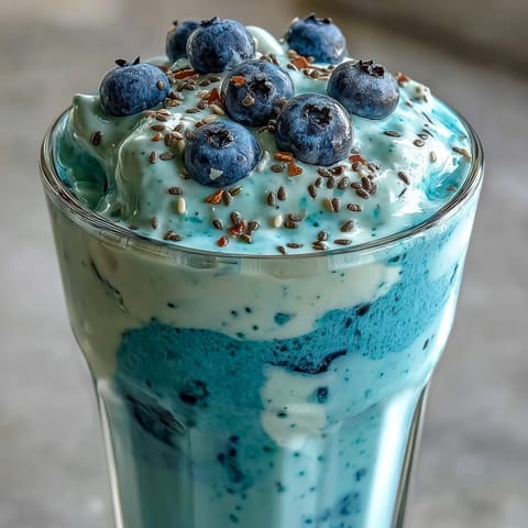 Juicy blueberry flaxseed kefir smoothie, a rich and satisfying quick breakfast treat.