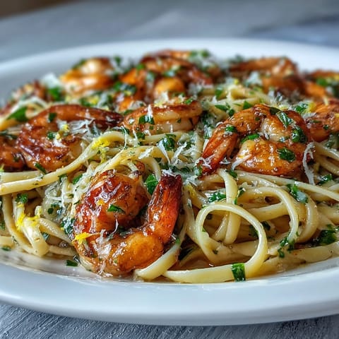Lush shrimp scampi linguine, glistening with lemon and fresh parsley.