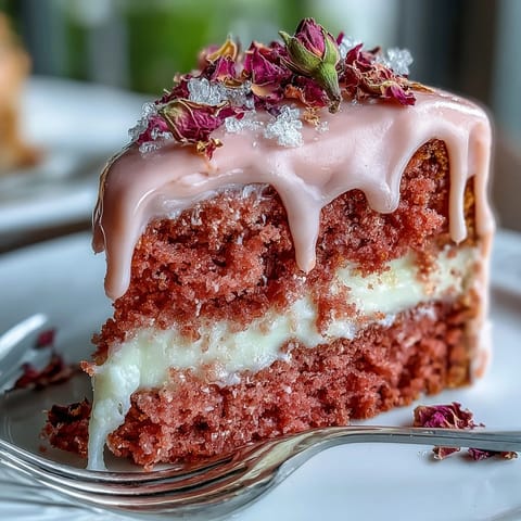 Drizzled gold cascades over this delicate Rosé Velvet Cake, perfect for celebrations.
