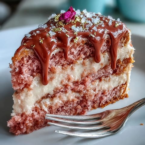 Elegant Rosé Velvet Cake adorned with delicate gold drizzles, perfect for celebrations.