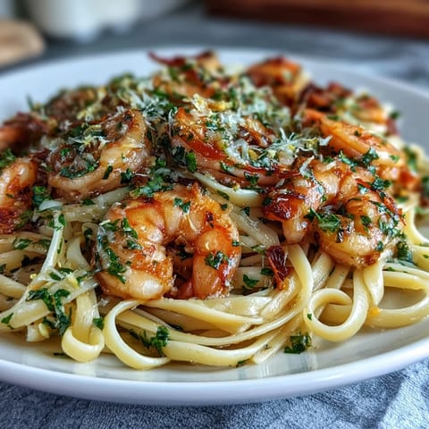 Tender shrimp scampi linguine bathed in a zesty white wine garlic sauce.