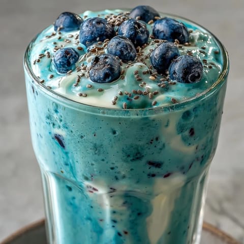 Creamy probiotic kefir smoothie with vibrant blueberries, blended for a healthy breakfast.