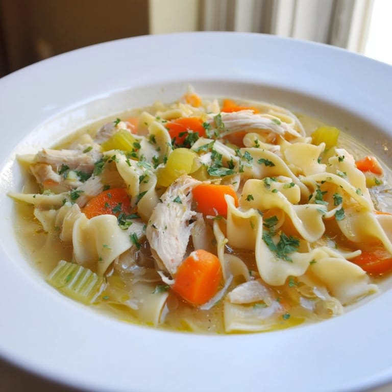 Spoonful of Cozy Chicken Noodle Soup showcasing carrots, chicken, and egg noodles in rich broth.
