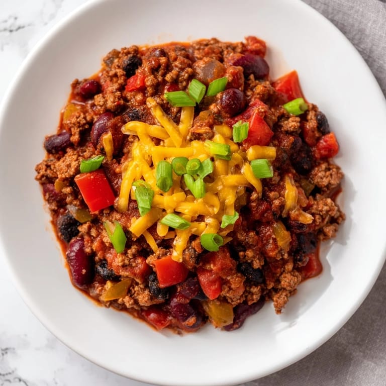 This close-up showcases flavorful simple weeknight chili, thick and hearty with beans and spices.