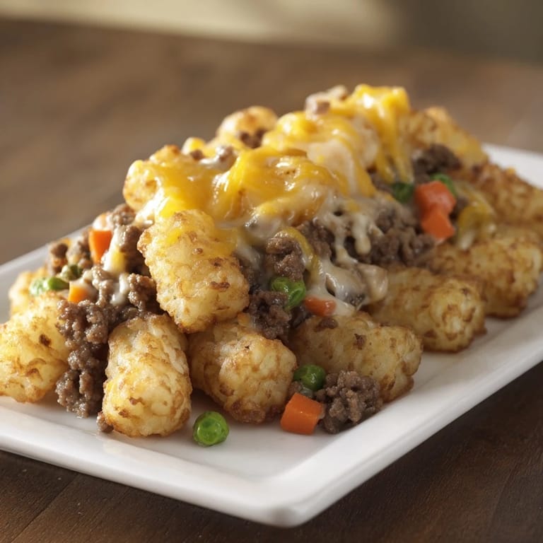 This Family Favorite Tater Tot Casserole shows golden, crispy tater tots atop a hearty, cheesy comfort food dish.