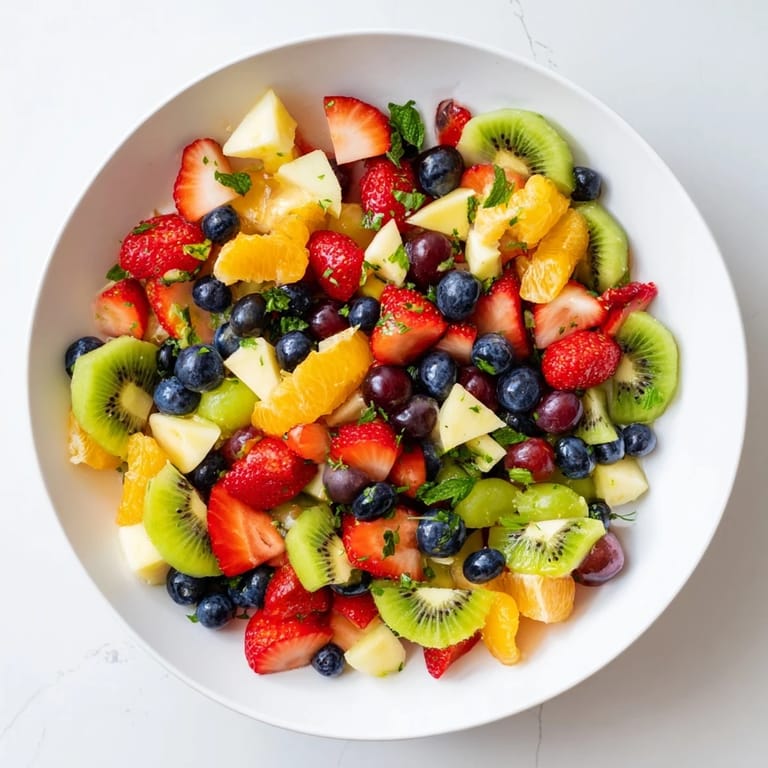 Vibrant fruit salad, glistening with honey-lime dressing, ideal for a light, delicious treat.
